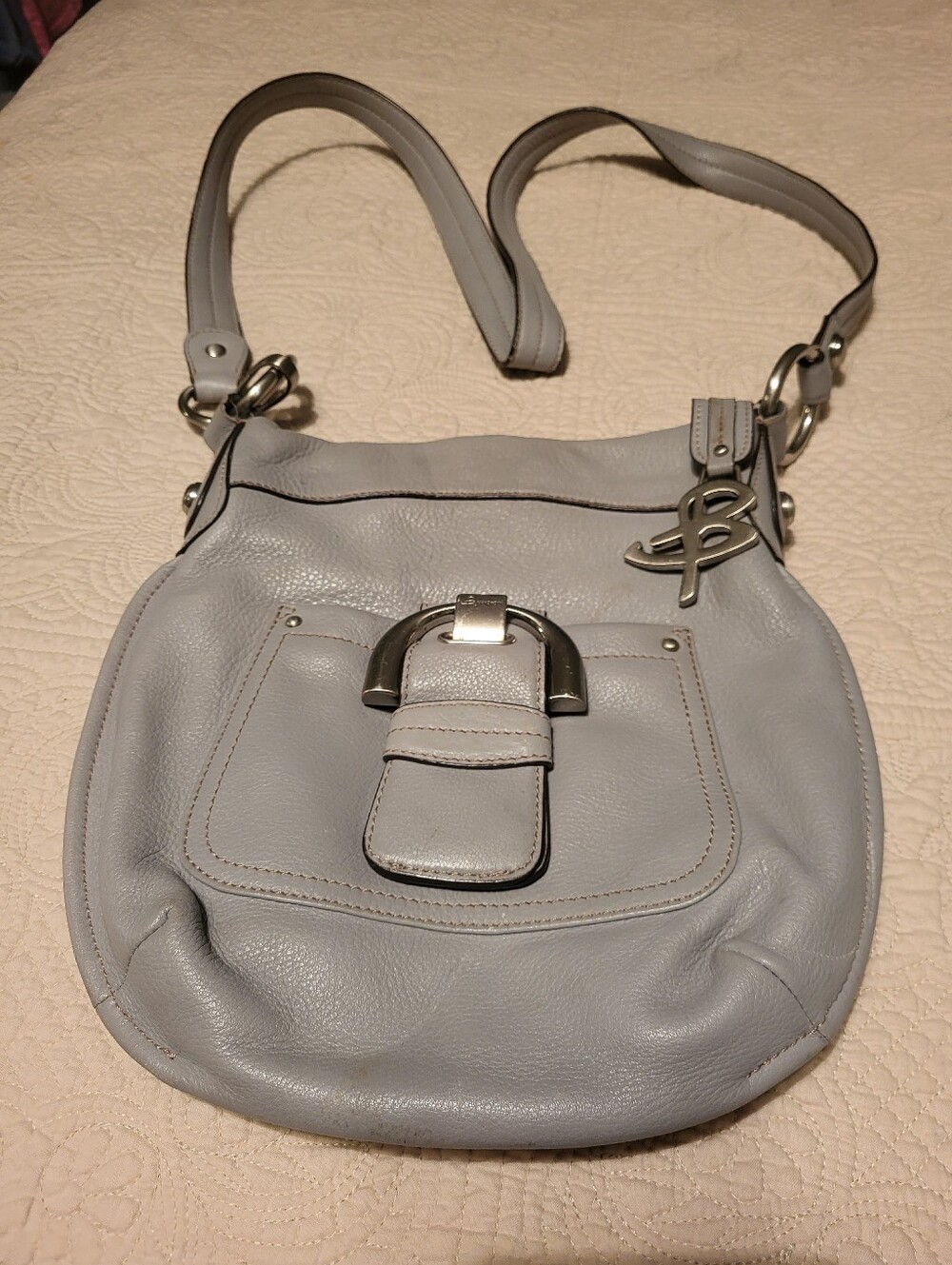 B Makowsky Light Gray Women's Leather Crossbody Bag with Silver Hardware